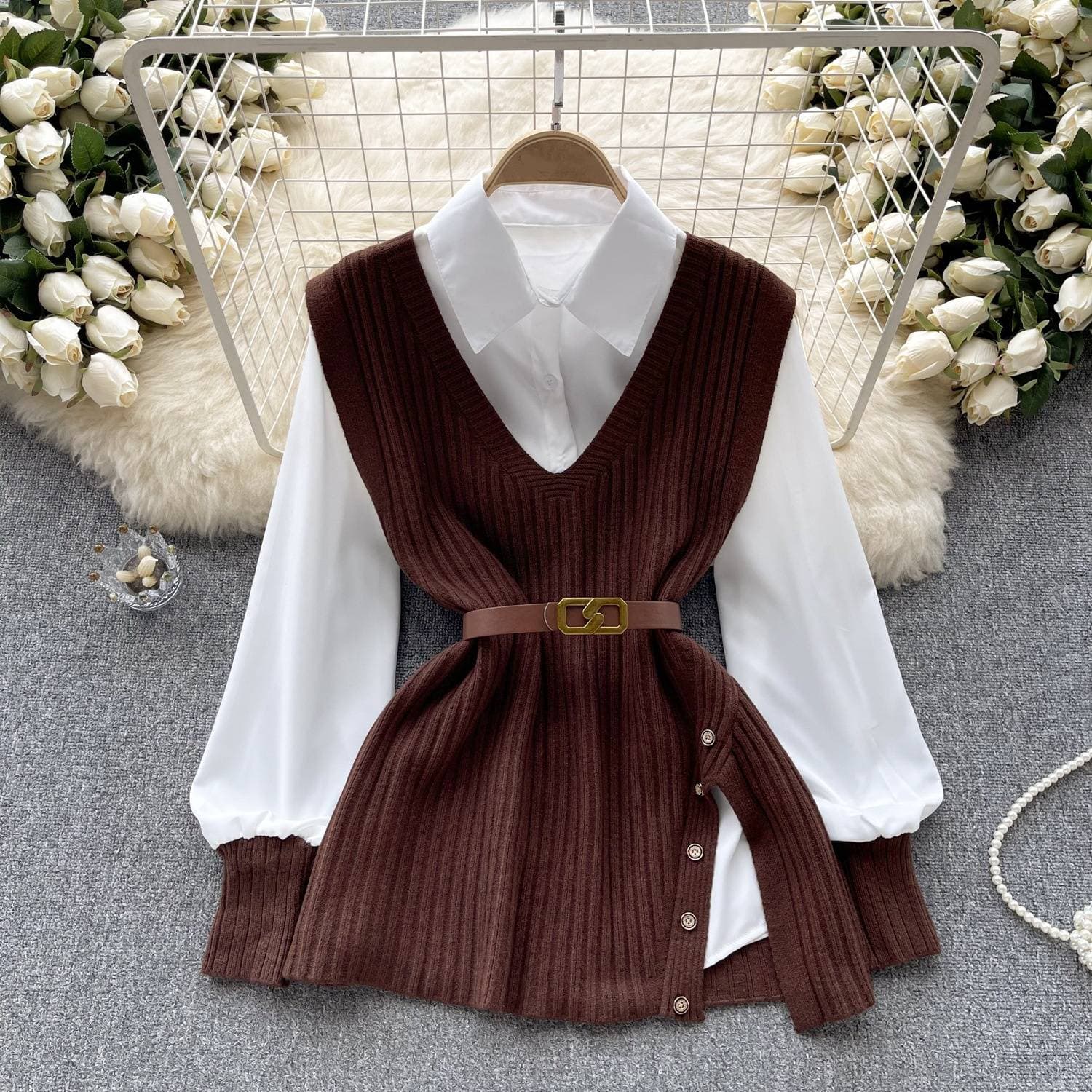 Women's Clothing New Autumn Style Light Mature Style Outer Wear Loose Lapel Stitching White Shirt V Neck Oblique Button Knitted Vest Two Piece Suit