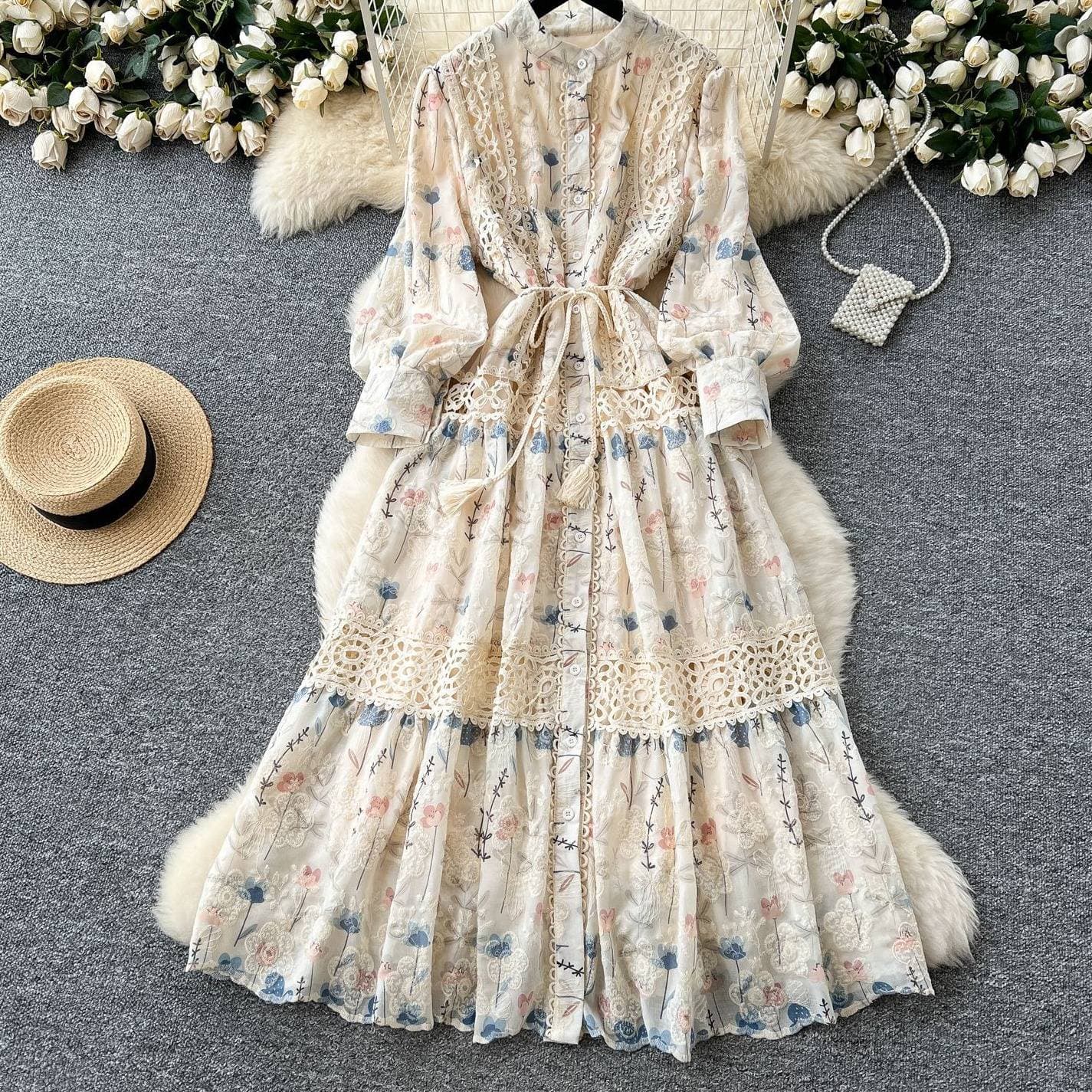 Elegant Lace Trim Empire Waist Floral Embroidered Maxi Dress – French Inspired A-Line Boho Chic Long Sleeve Gown For Women