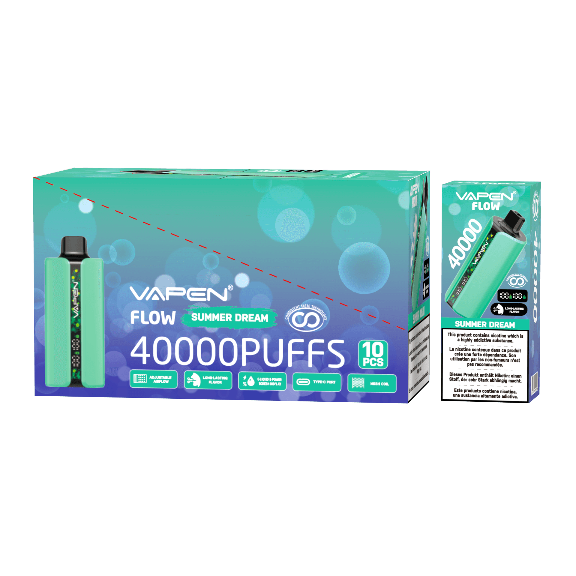 Lot de 10 cigarettes électroniques jetables Vapen Flow 40 000 bouffées (5 %), avec résistance mesh et saveurs variées (20 000, 30 000 et 50
