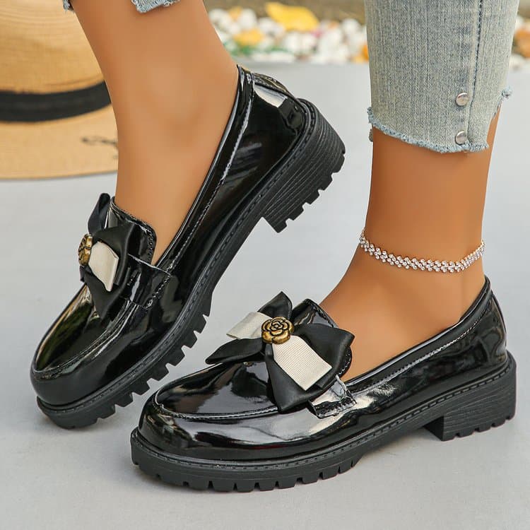 Platform Slip-on Low Top Single Shoes New Women's Thick Heel Bow Loafers