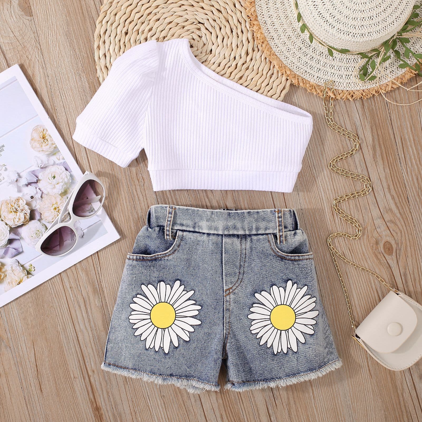 Baby Clothing Kids and girls pit strip solid color short-sleeved top printed denim open-pocket shorts