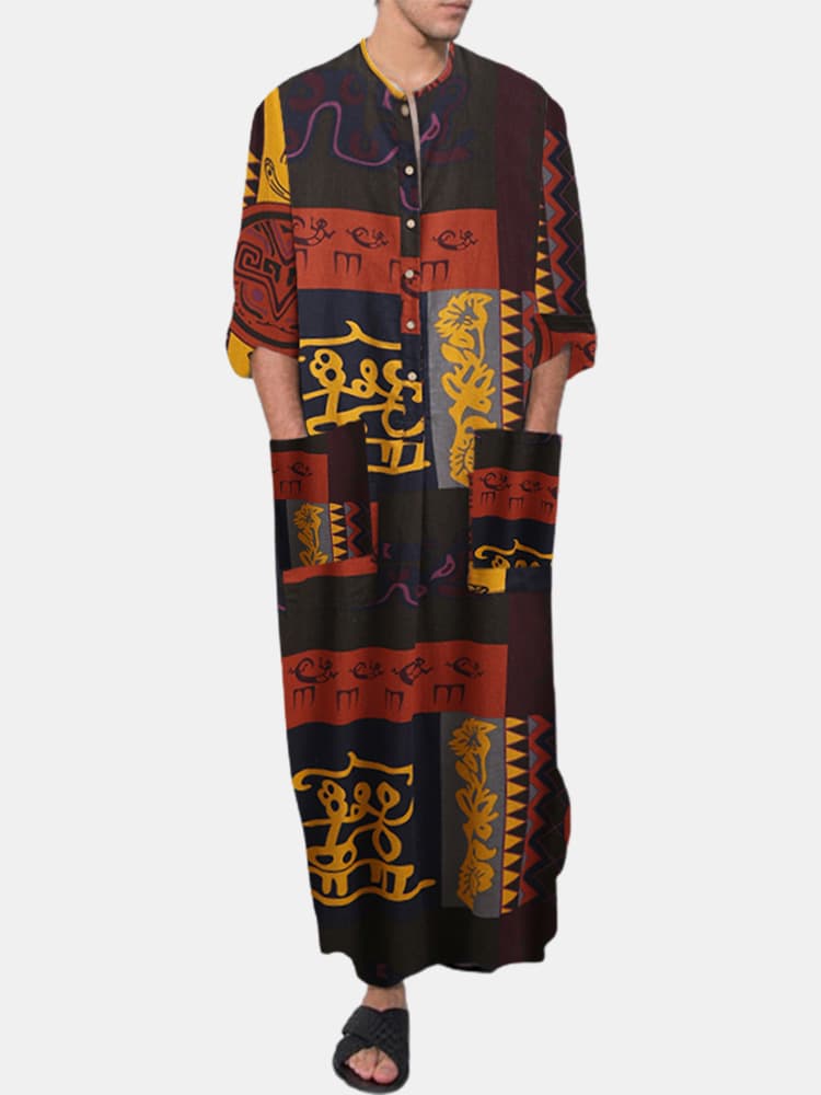 Muslim Men's Robe European and American Casual Loose Oracle Elephant Print Ethnic Style Long Sleeve Jumpsuit