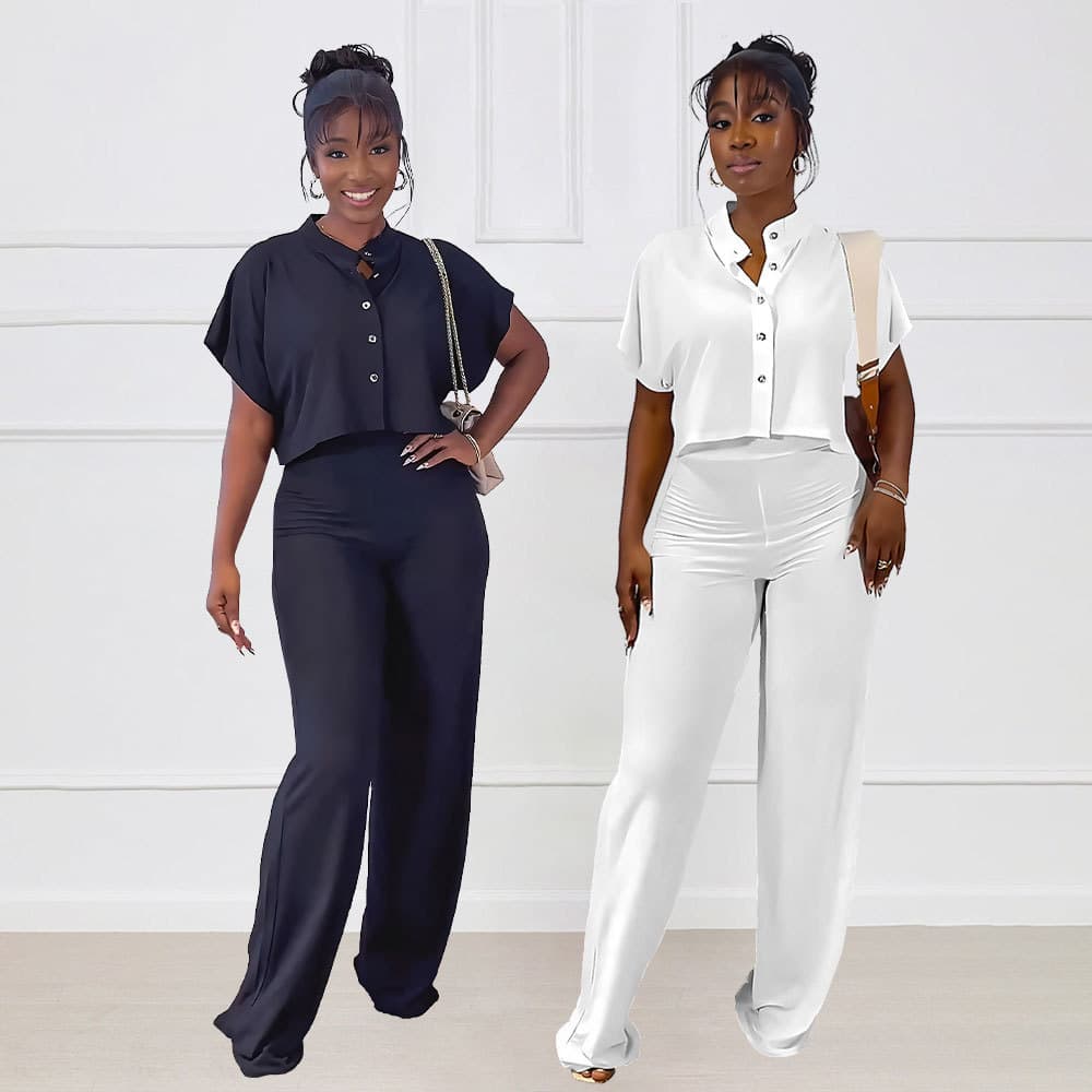 Women's Versatile Short Cardigan Top Solid Color Straight Women's Trousers Casual Two-piece Set
