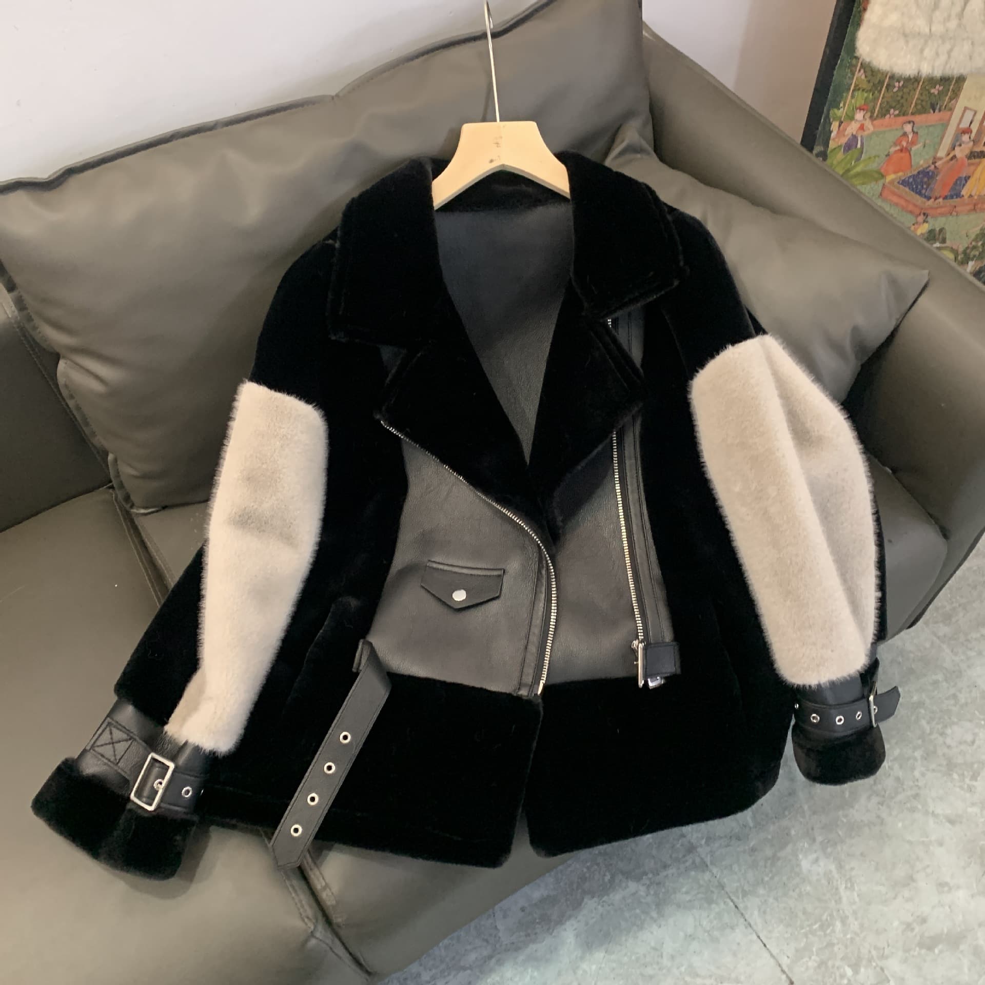 Faux Fur Jacket Women's Fashion Coat - PU Leather Trim, Short Length, Stylish Motorcycle Design, Soft & Warm Winter Outerwear (Black)