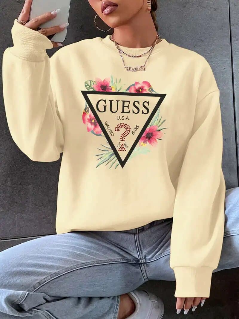 GUESS - Automne et Hiver Nouveaux Vêtements pour Femmes Filles Sens de la Mode Amusant Col Rond Manches Longues Sweat à Capuche