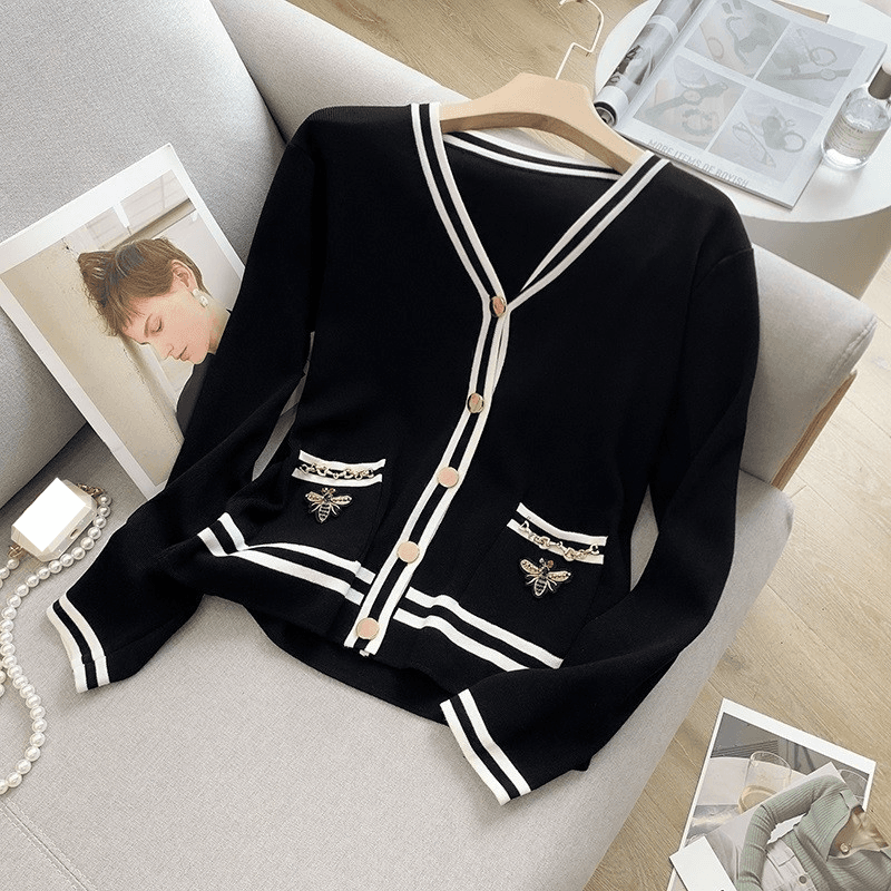 Women's Clothing black knitted cardigan autumn and winter new color matching outerwear slim sweater jacket top