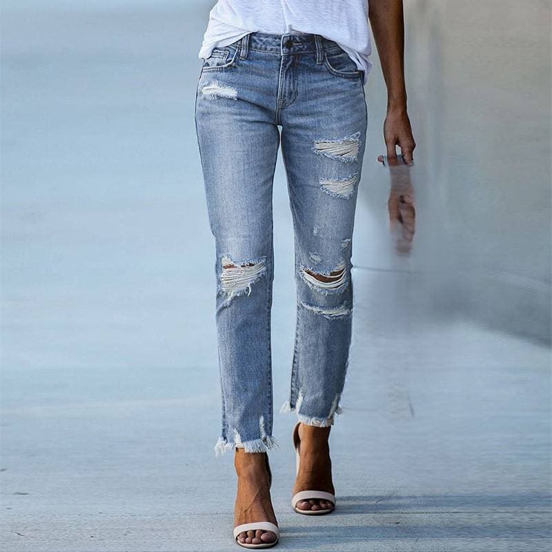 Women's Clothing New Style Washed Ripped Tassel Ladies Jeans Slim Stretch Pants