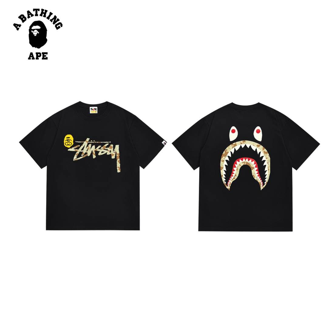A BATHING APE BAPE-Co Branded Stusey Shark Print Short Sleeved T-shirt Made Of Pure Cotton Fabric