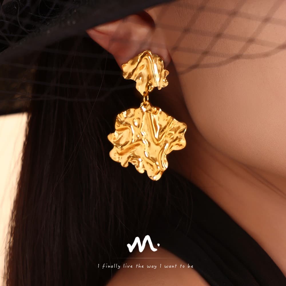 Women's Jewelry Hammered Textured Leaf Statement Earrings Stainless Steel PVD Plated Hypoallergenic Fashion Earrings For Women