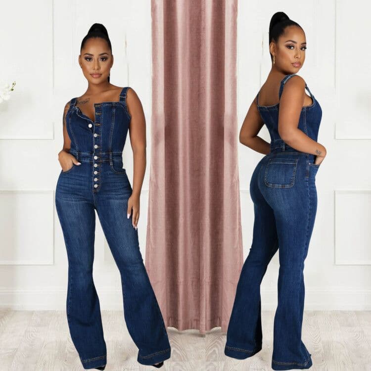 Women's Clothing Casual Sexy Suspenders Denim Jumpsuit Wide Leg Pants