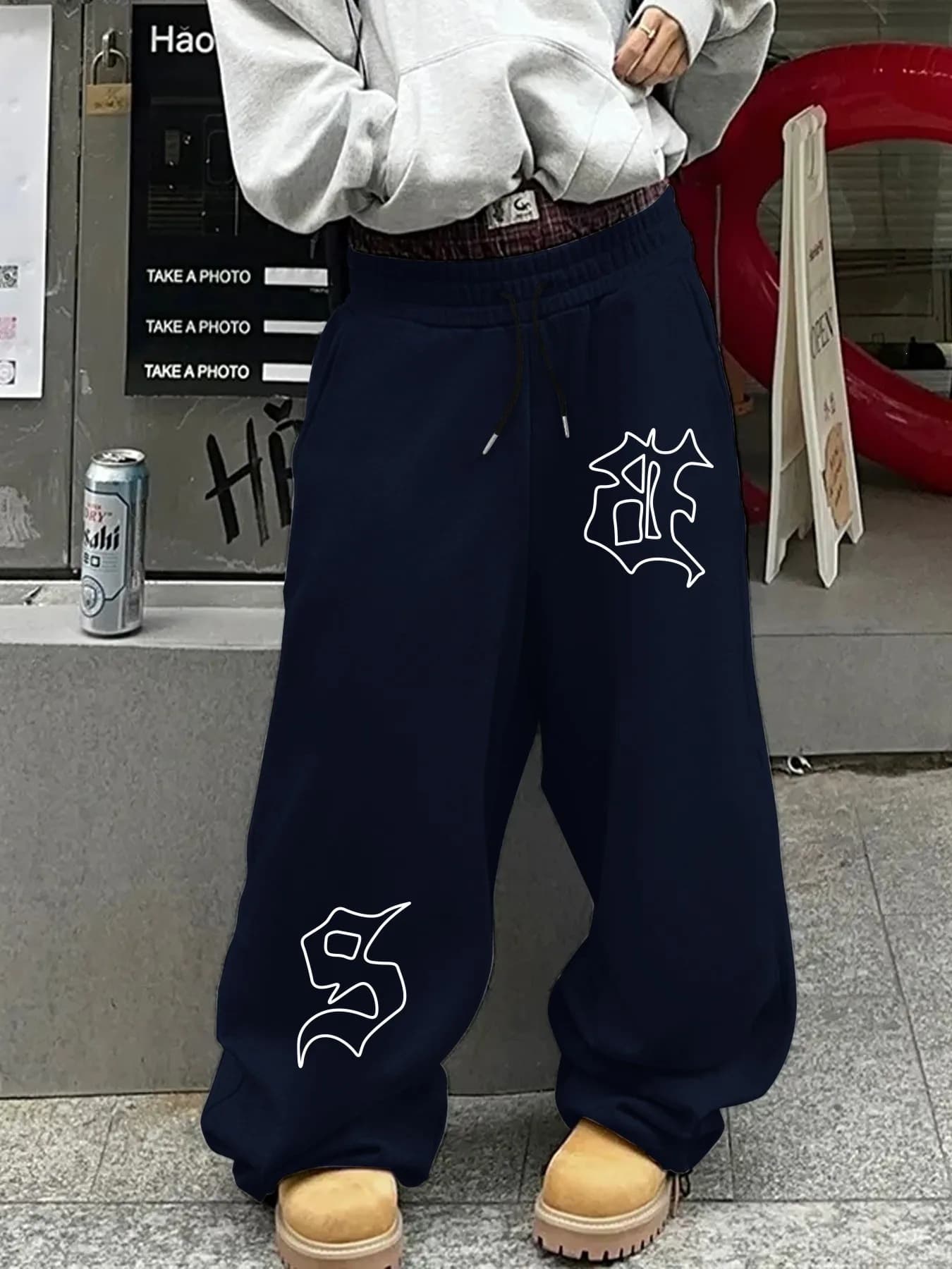 Pantalon de jogging unisexe ample à imprimé gothique avec cordon de serrage à la taille - Style Y2K, coupe décontractée, pour hommes et femmes