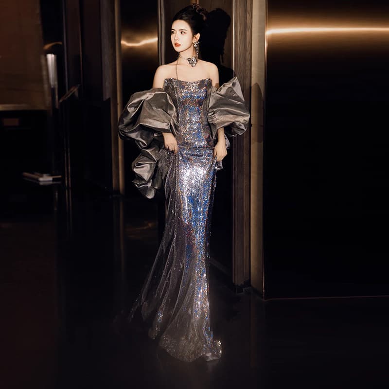 Women’s Clothing evening dress long skirt female host celebrity banquet annual meeting temperament light luxury tube top dress