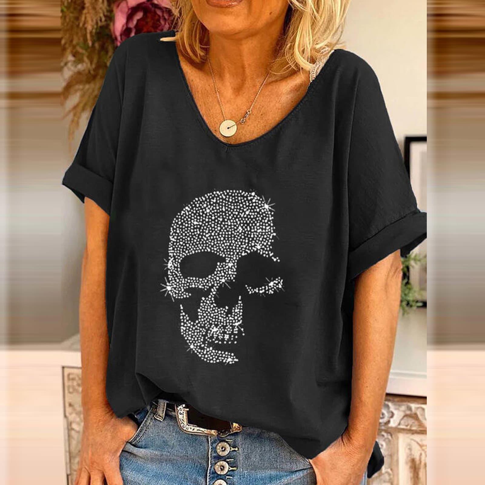 Women's Clothing Plus-size Loose Beaded T-shirt