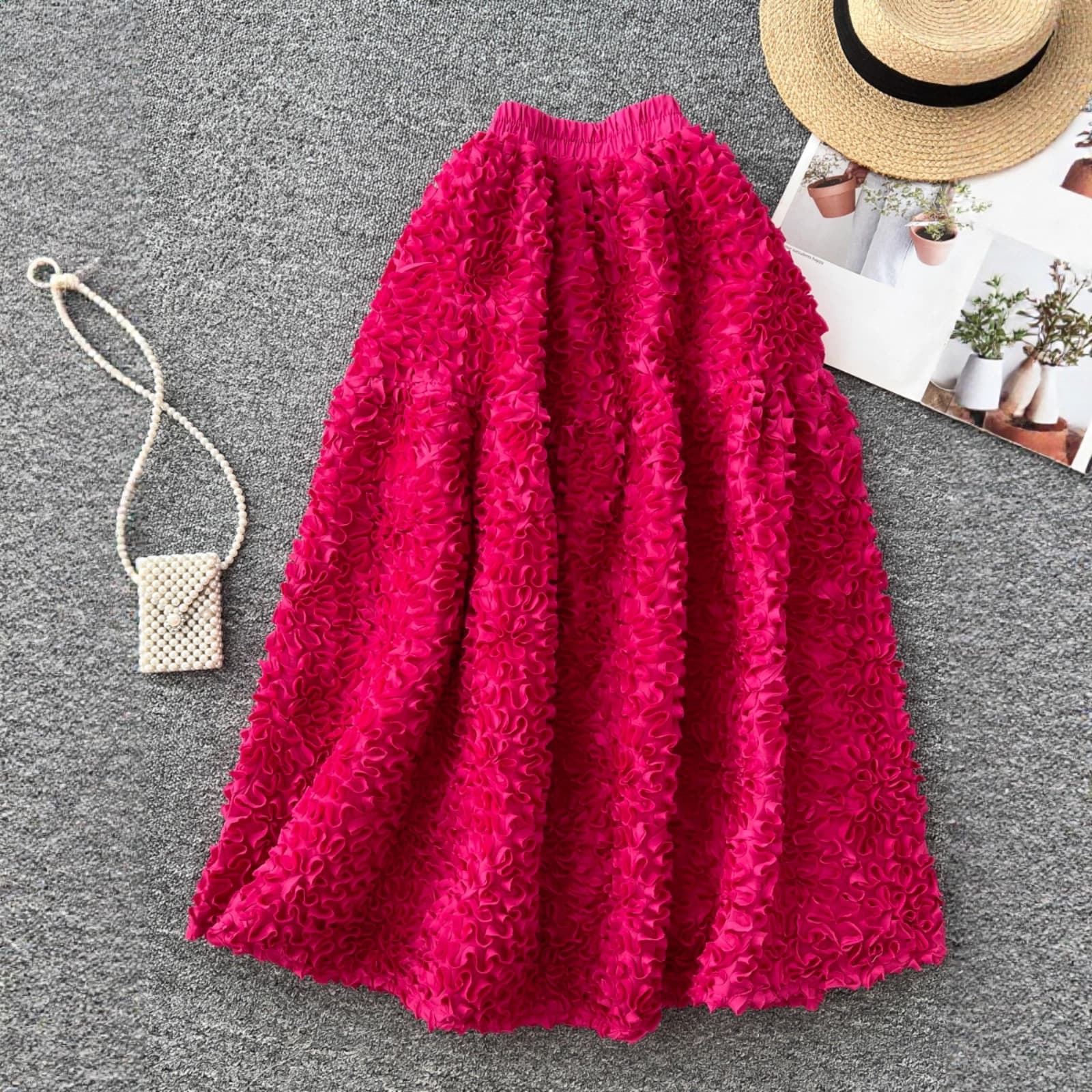 Elegant French Lace High-Waist Midi Skirt For Women - Floral Embroidery A-Line Skirt With Comfort Stretch, Chic Spring Outfit