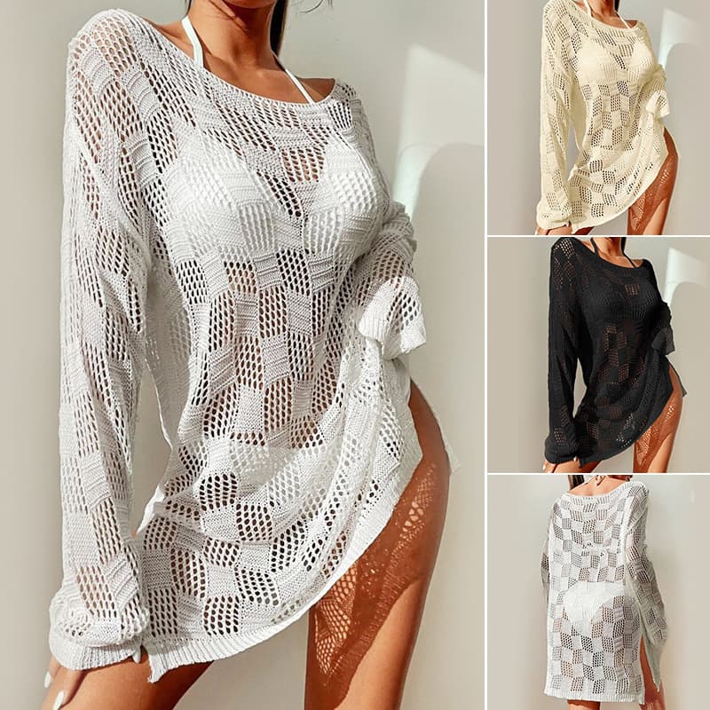 European And American Summer New Beach Dress Women's Solid Color Sexy Knitted Hollow Beach Bikini Swimsuit Blouse Sunscreen Clothing
