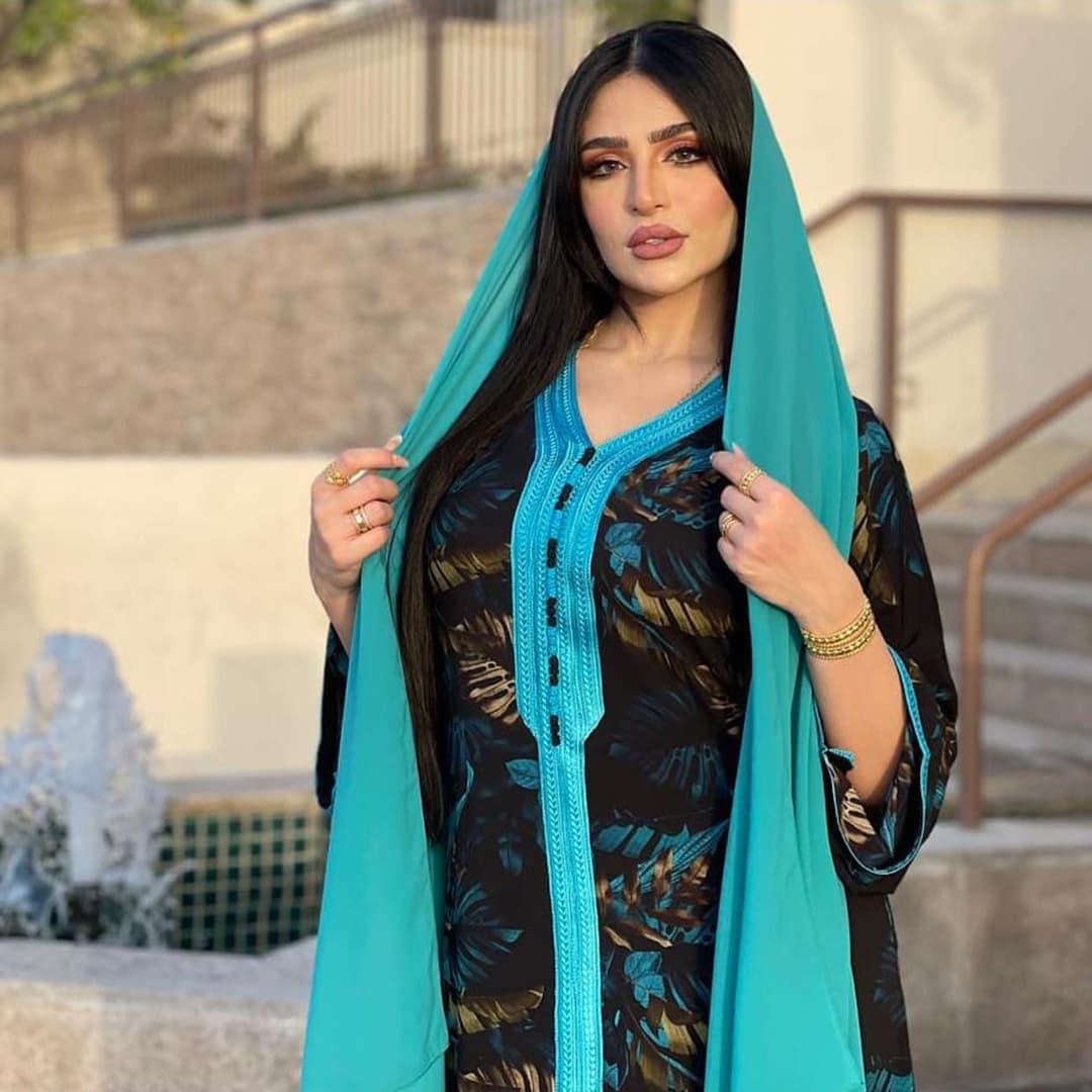 Women's clothing leaf print robe abaya V-neck holiday dress female