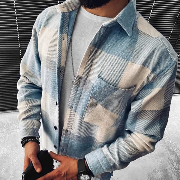 ​​Men's Casual Long Sleeve Checkered Shirt - Lightweight Polyester, Relaxed Fit, Stand Collar With Pocket (Blue/White, S-XXXL)​​