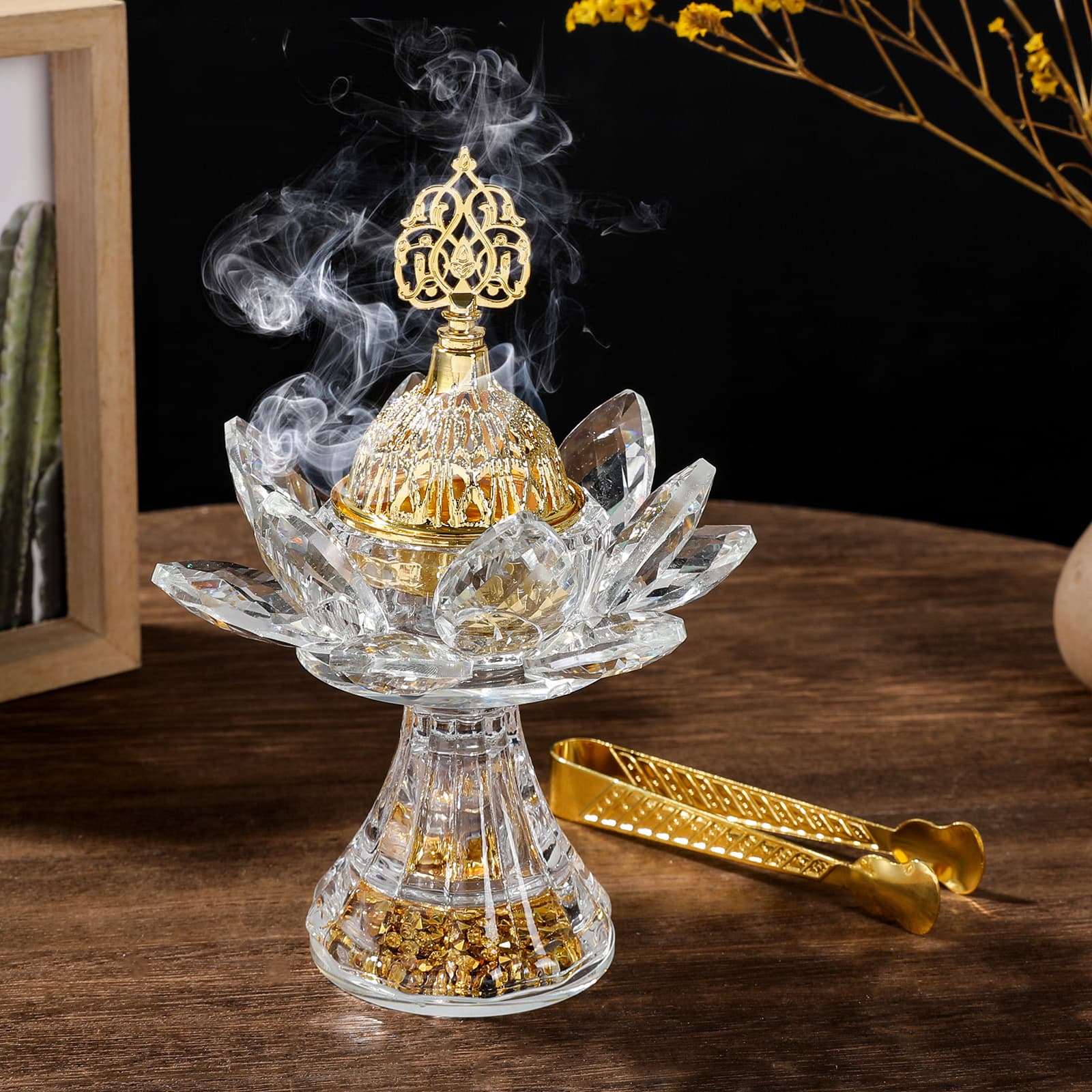 Arabian Glass Lotus Gold Grain Living Dining Room Ornament Candle Holder Incense Burner