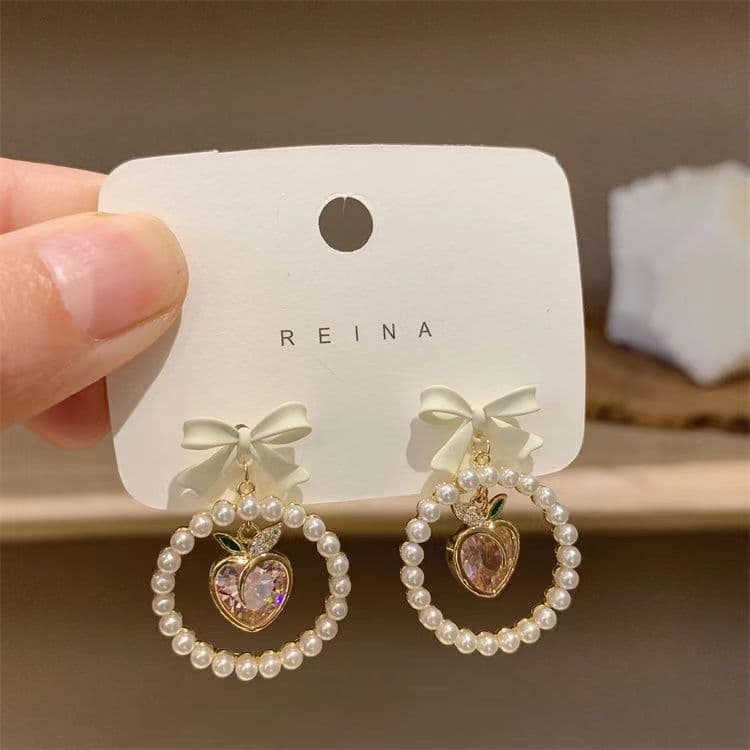 Women's Earrings Sweet Girl Heart Peach Bow Earrings Niche Light Luxury Design Earrings High Sense Studs