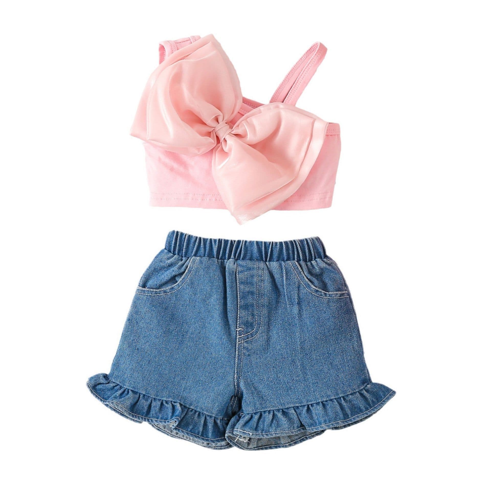 Baby Clothing Girls' sweet set gauze bow one-shoulder strap lace denim shorts two-piece set