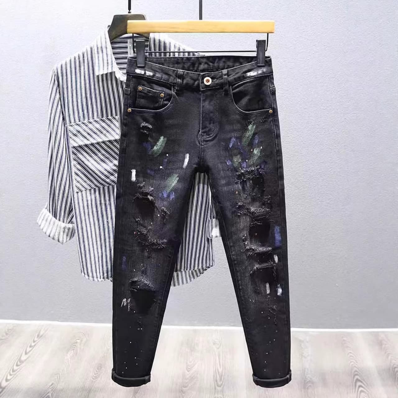 Men's Trendy Ripped Skinny Jeans European American Style Cross Border Ink Splatter Paint Stretchy Slim Fit Denim