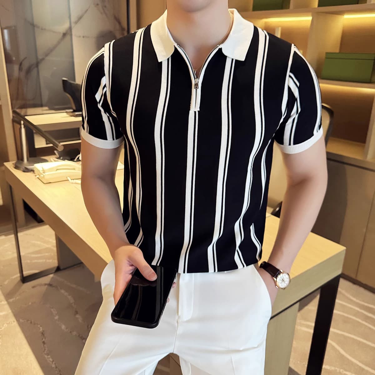 Men's Clothing High grade knitted ice silk polo shirt men's short sleeved summer thin style fashion slim striped zipper T shirt