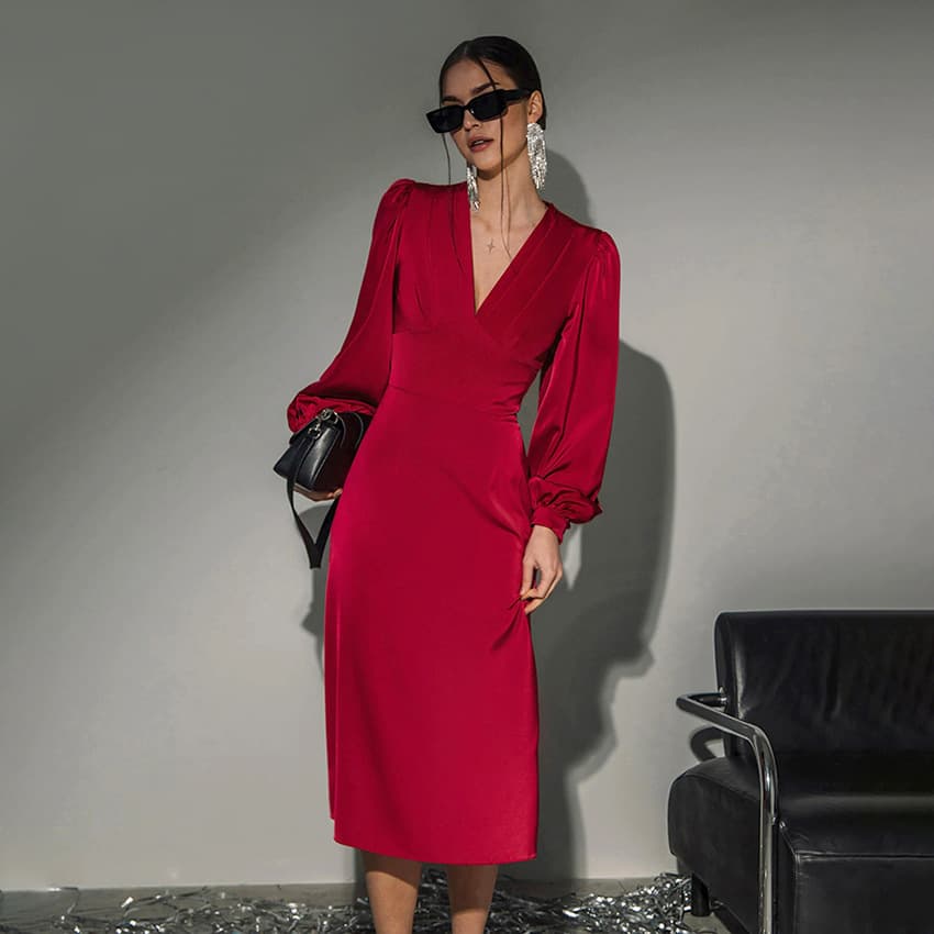 Women's French fishtail high-grade satin lantern sleeve red dress temperament dress skirt medium length