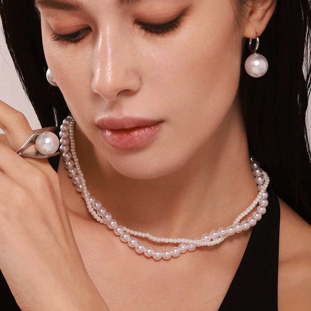 Women's Jewelry Double Layer Shell Pearl Necklace With Matching Earrings And Ring Set, Minimalist Beaded Design Stainless Steel Gift For Her