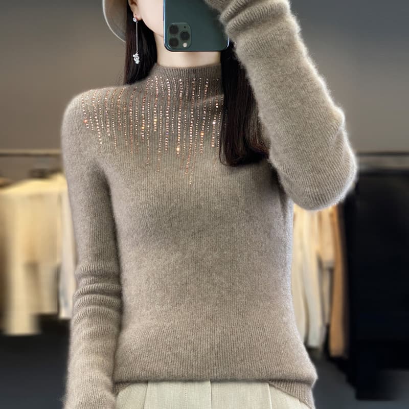 Elegant Knit Sweater Women's Semi-Turtleneck Pullover With Rhinestone Embellishment, Slim Fit, Andy Fleece Fabric, Geometric Pattern