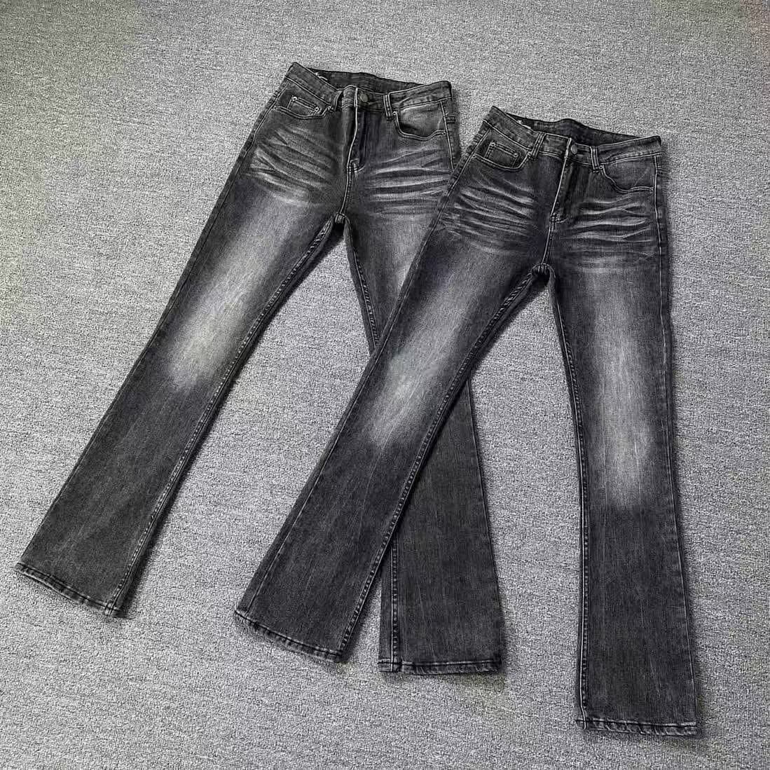 Men's Clothing Cleanfit High Grade Distressed Black And Gray Textured Jeans For Boys Washed Retro Flared Floor Length Trousers