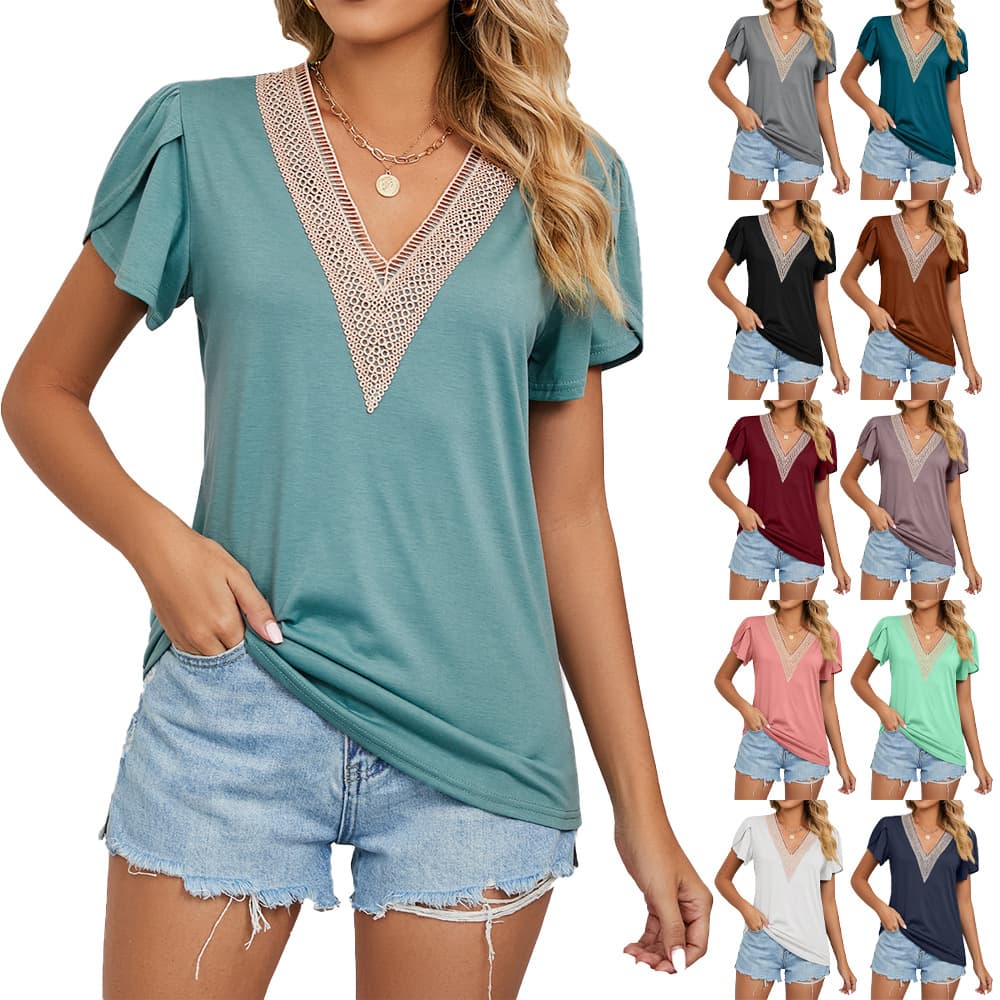 Women's Clothing Casual Gold Lace V-neck Tile Short Sleeve Solid Color T-shirt Top