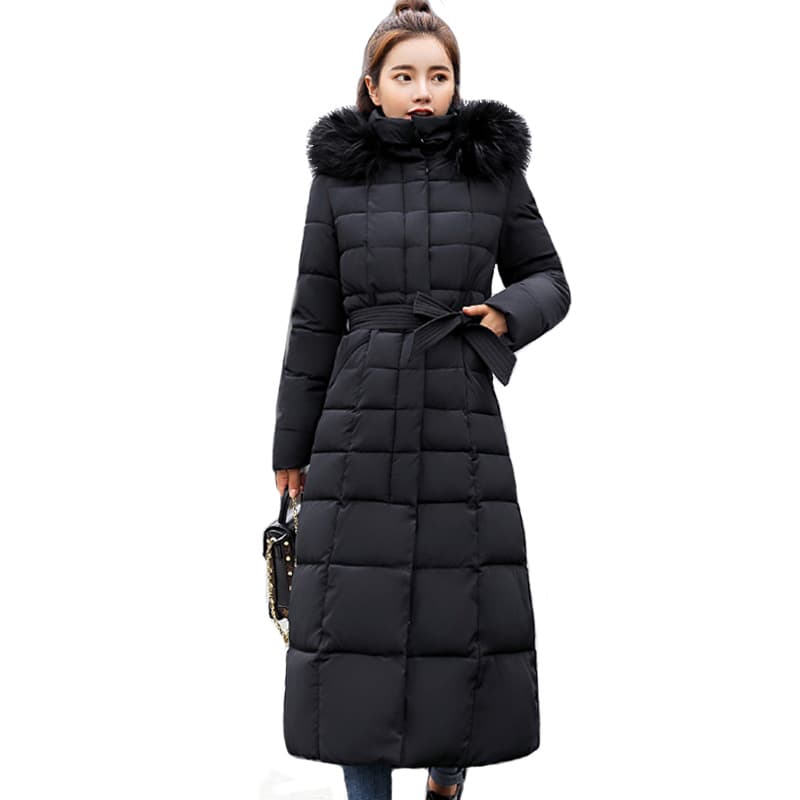 Long For Women Large Fur Collar, Winter Coat With Loose Belt, New Thickened Down Cotton Jacket