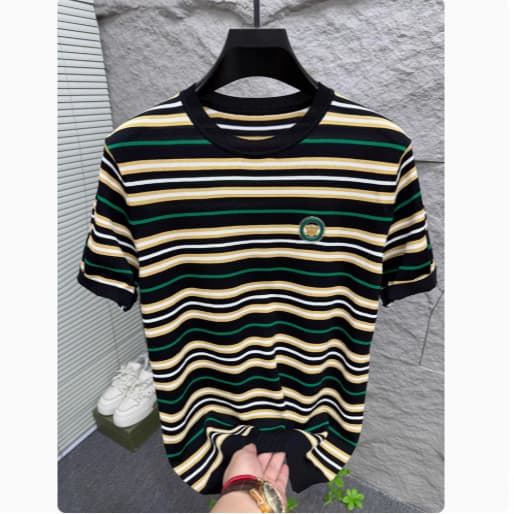 Men's Clothing Summer New Short Sleeved T Shirt Youth Trend Striped Ice Silk Half Sleeved Top Round Neck Thin Polo Shirt T Shirt
