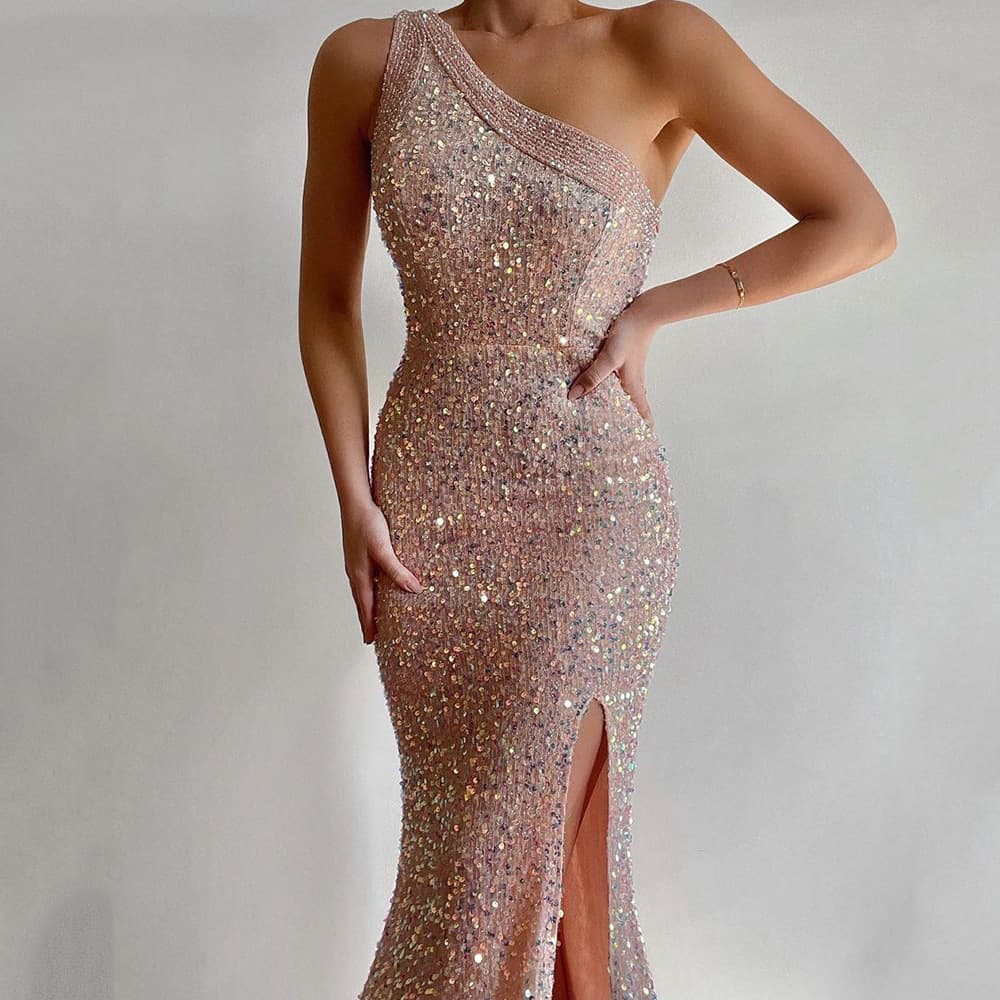 Women's Wear Pink Slit Long Skirt One Shoulder Sequined Dress