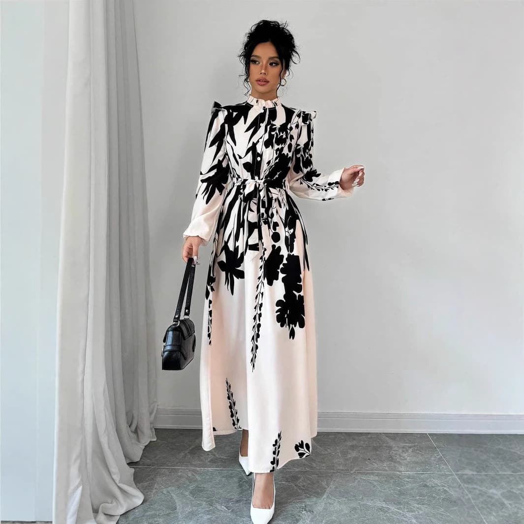 Women’s Clothing women's flower waist long sleeve A line dress front button waist print long skirt