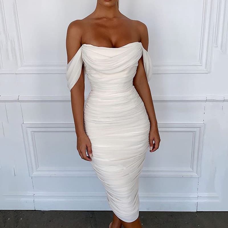 Mesh Pleated One Shoulder Dress Women's Casual Elegant Style Knee-Length Gown