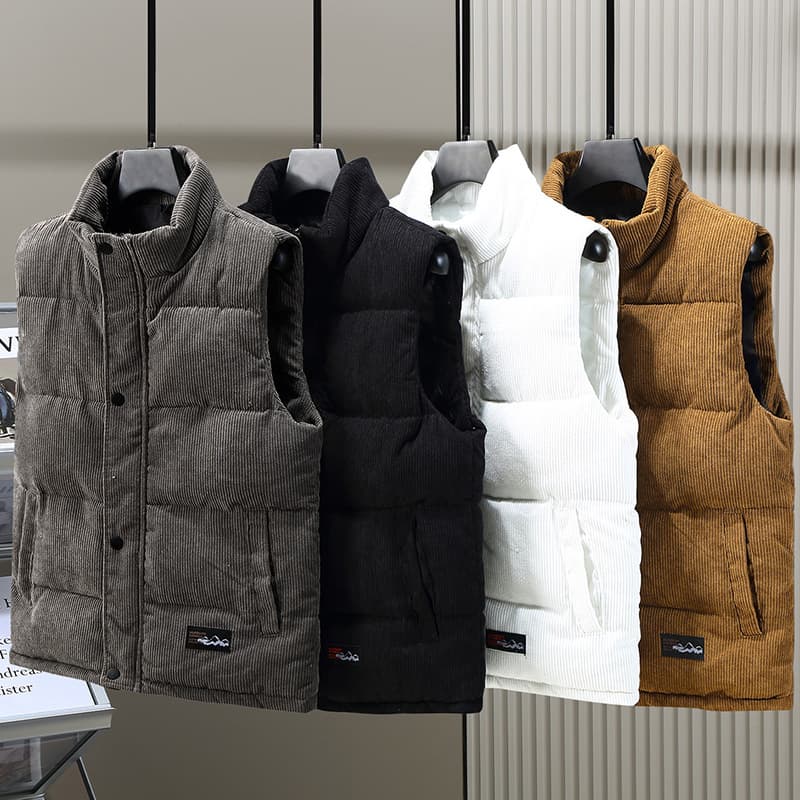 Men's Clothing Down Cotton Vest Men's Autumn And Winter Thickened Corduroy Stand Collar Vest Trendy Jacket Warm Vest Vest Shoulder Outer Wear