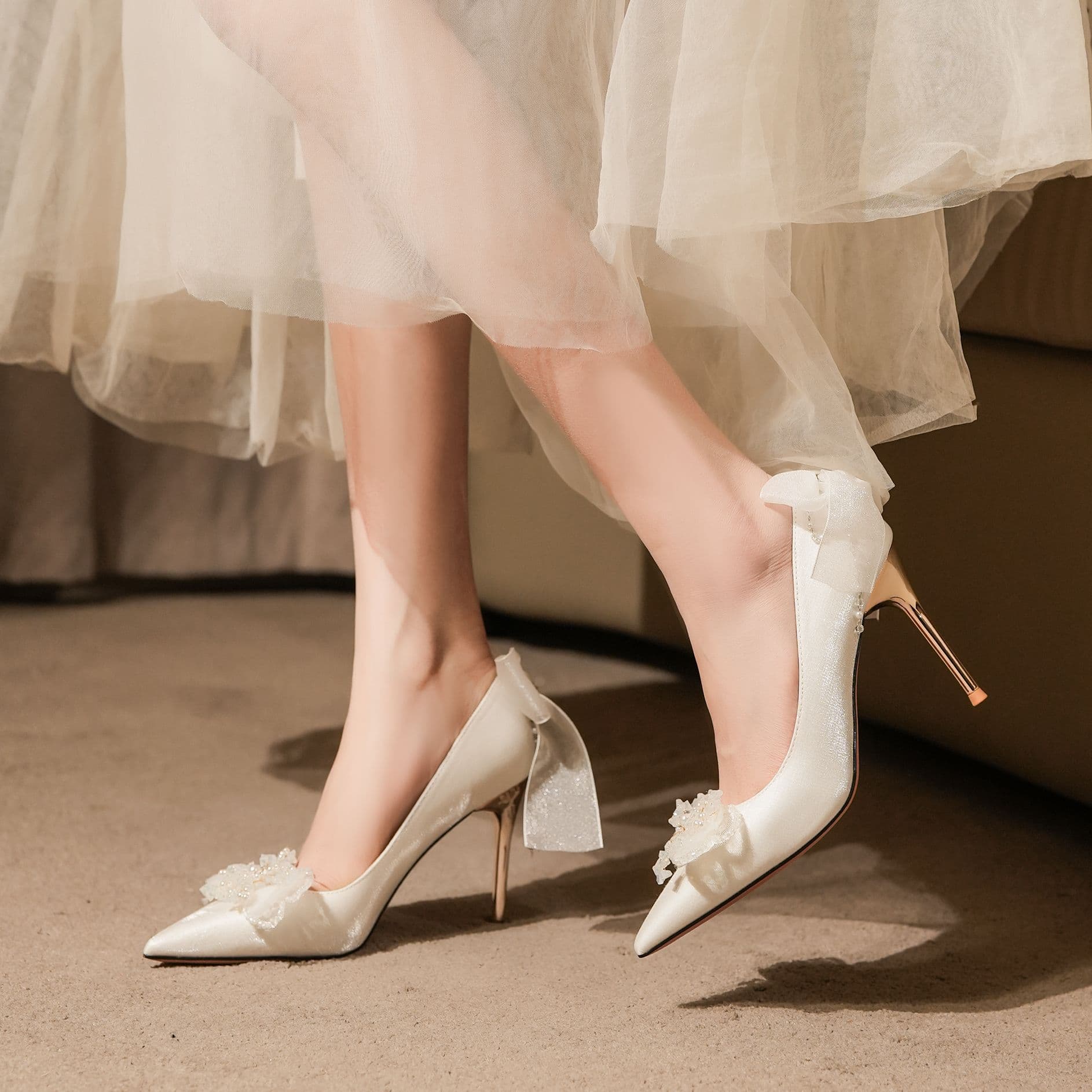 Women's Shoes satin stiletto bow rhinestone white high heels women's shoes wedding banquet wedding shoes bridesmaid shoes