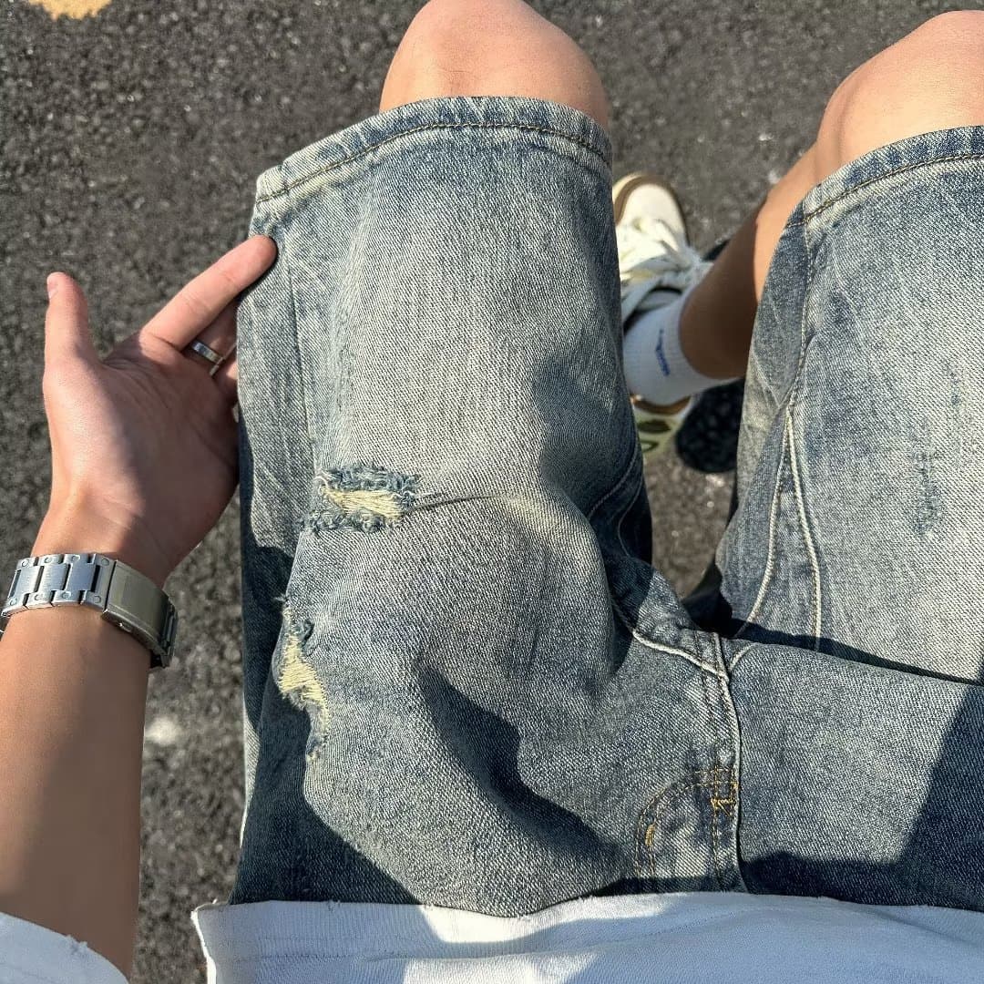 Men's Clothing Summer Thin Ripped Denim Shorts Men's Vibe Retro Loose Mid-length Pants Trendy Street All-match Shorts