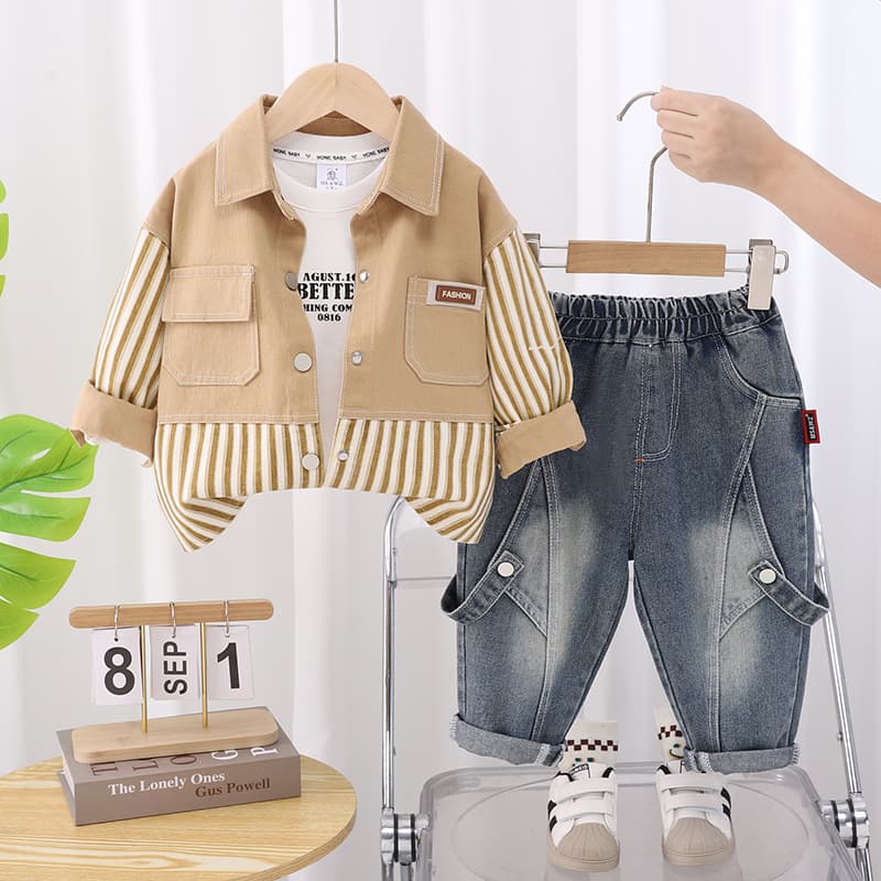 Children's Outfit 2025 New Spring And Autumn Fashionable Boys' Clothes Baby Double Patch Pocket Jeans Three-Piece Set
