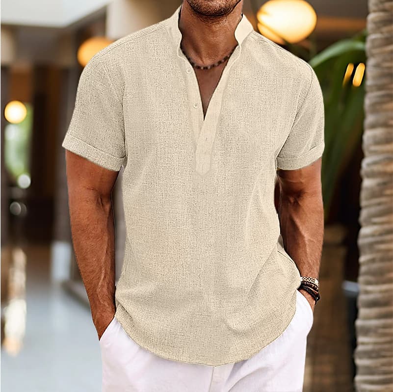 Summer New Men's Large Solid Henley Neck Short sleeved Pullover Shaped Simple Shirt