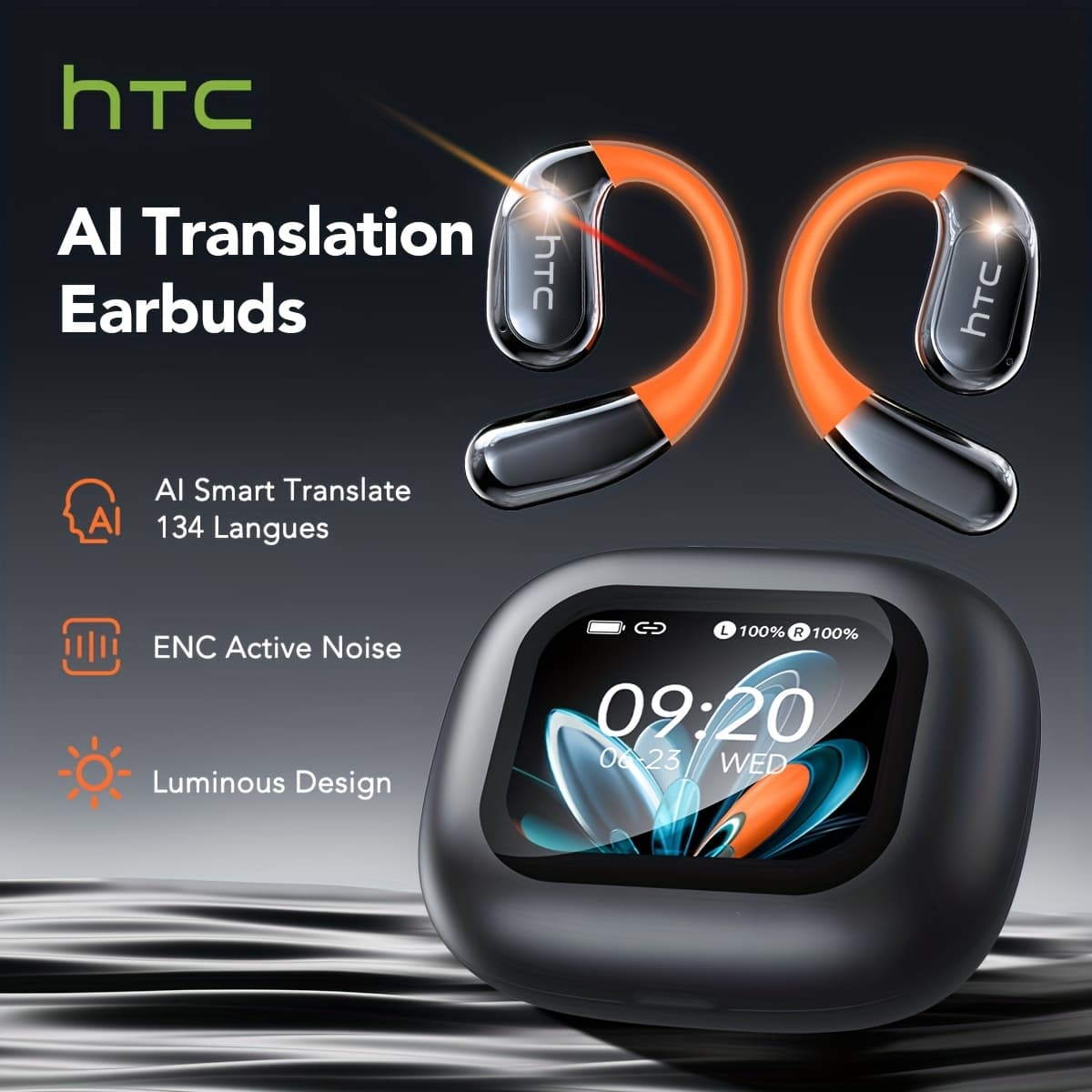 HTC NE27 Wireless Headphones Bluetooth 5.4 AI Translator Earbuds Glowing Earhook Upgraded LCD Touchscreen ENC Noise