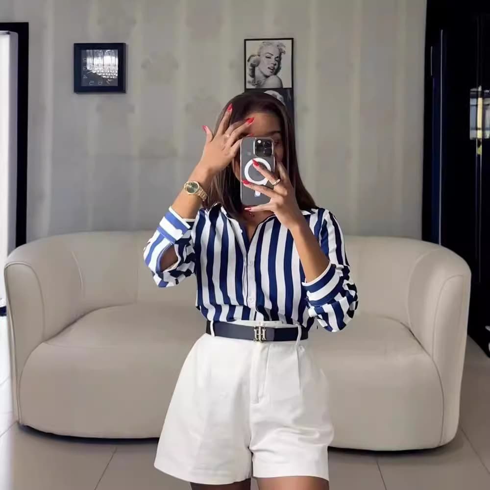 Verve Y6027 Women's Fashion 2025 Spring/Summer New Versatile Blue Striped Shirt