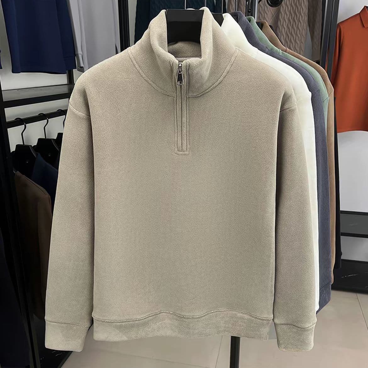 ​Men's Quarter-Zip Fleece Lined Sweatshirt – Heavyweight Brushed Cotton Stand Collar Pullover – Relaxed Fit S-4XL For Autumn & Winter​