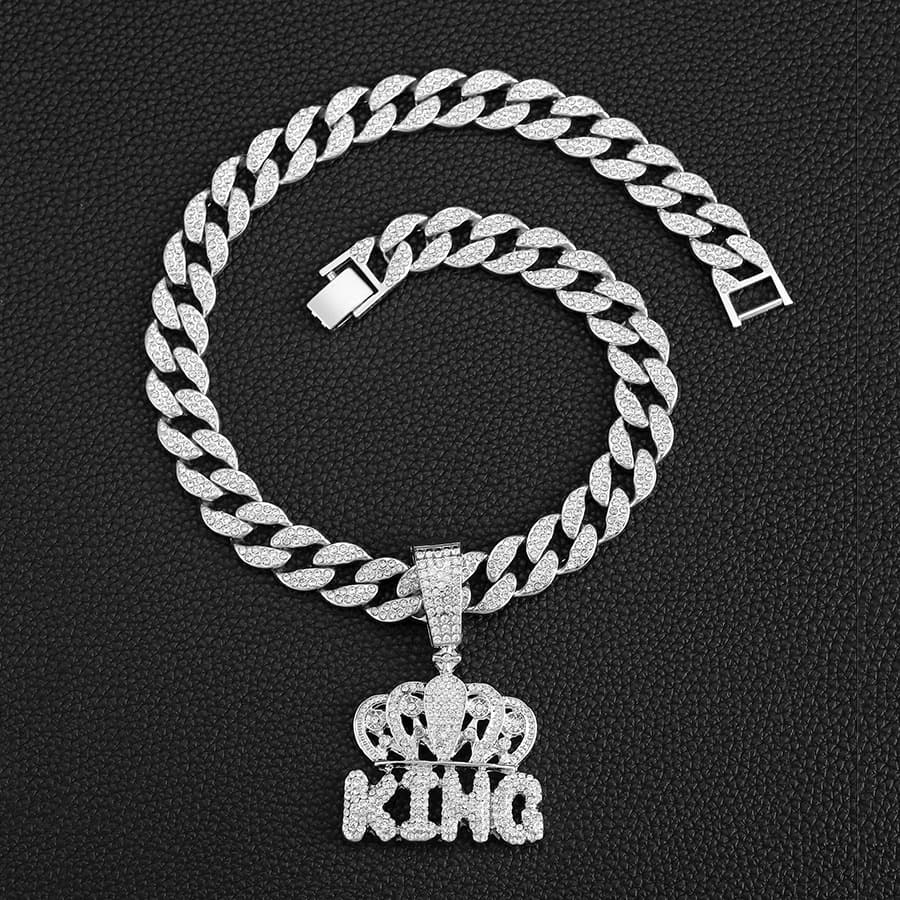 Unisex Niche Personality Hip Hop KING Letter Crown Pendant Cuban Chain Retro Letter Environmentally Friendly Alloy Jewelry Necklace