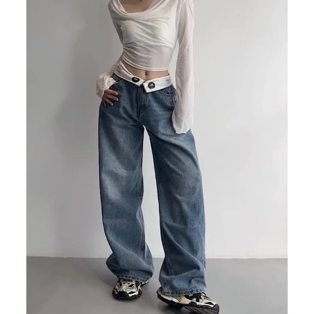 Women's Clothing Waist Jeans Retro Niche Design Loose Wide Leg Pants Simple Casual Straight Pants