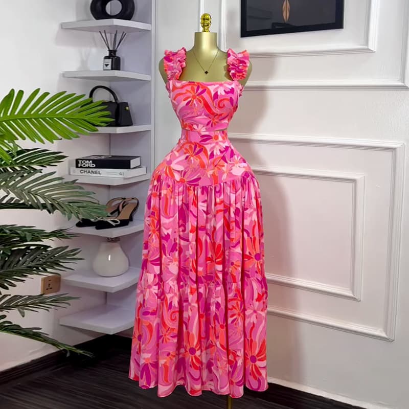 Women's Clothing New Style Printed Short Vest High Waist Large Swing Skirt Fashion Casual Suit