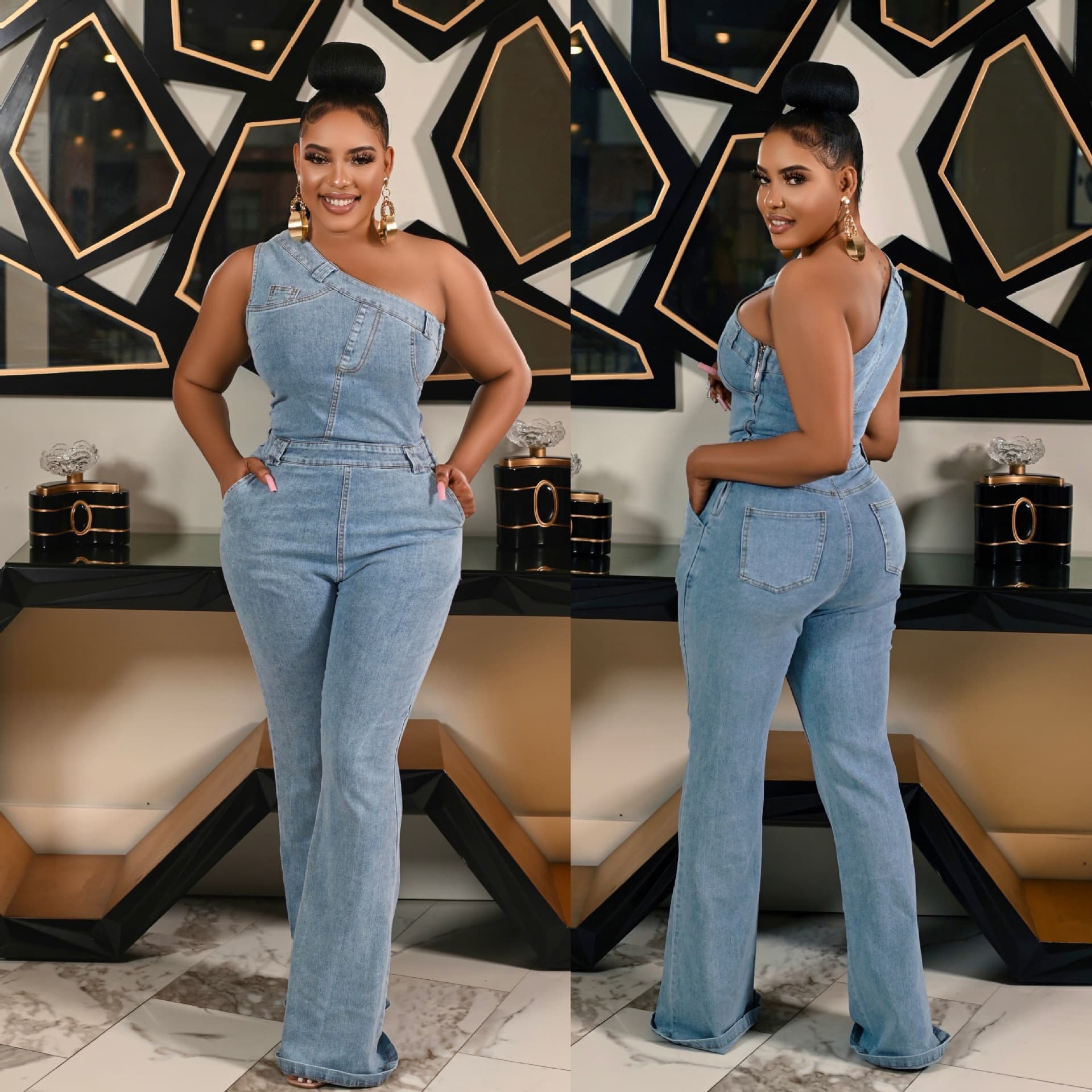 Women's Clothing oblique shoulder tight waist slim elastic washed denim jumpsuit jumpsuit flared pants