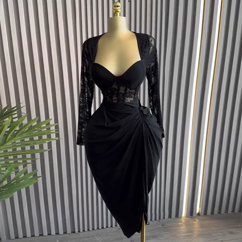 Women's Clothing Spring Elegant Square Collar Lace Long Sleeve High Waist Slimming Mid-length Dress