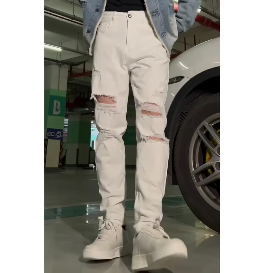 [WhiteCanvas] Men's Slim Fit Jeans - Distressed White Denim | Stretch Skinny Pants